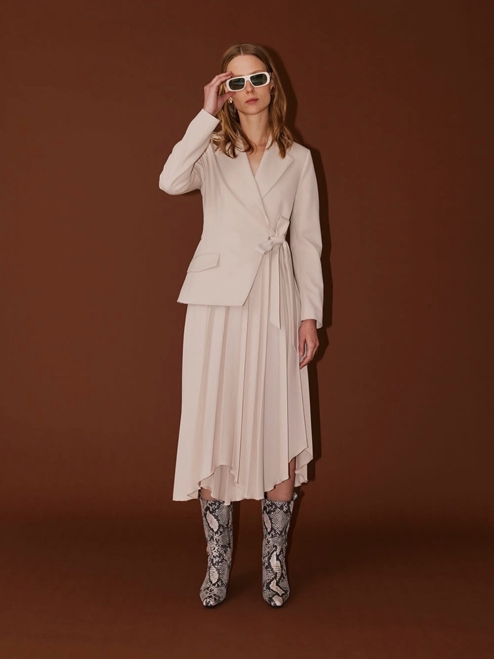 Sfizio Chic Cream Wrap Blazer Dress with Pleated Skirt